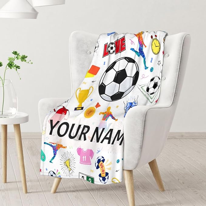 Personalized Soccer Blanket for Soccer Lovers - 60x80 Inches Twin Size - Soft Fuzzy Cozy Throws Gifts for Team Players - Colorful Sports Throw Blanket for Couch, Living Room & Bed