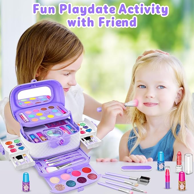 Hollyhi 58 Pcs Kids Makeup Kit for Girl, Princess Toys Real Washable Cosmetic Set with Mirror, Kids Makeup Sets for Girls, Play Make Up Birthday Gifts for 3 4 5 6 7 8 9 10 11 12 Years Old Kid(Purple)