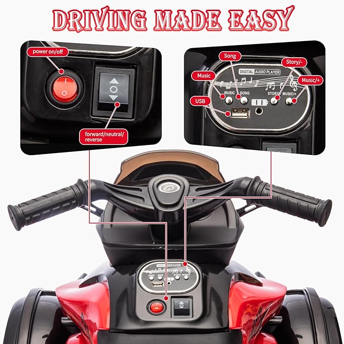 Xinyonxin 12V Kids Electric ATV, 3-Wheeler Motorcycle Ride on Toys for Toddlers w/Music, LED Lights, USB, One-Button Start, Forward/Reverse, Electric All-Terrain Car, Gift for Age 3+ (Red)