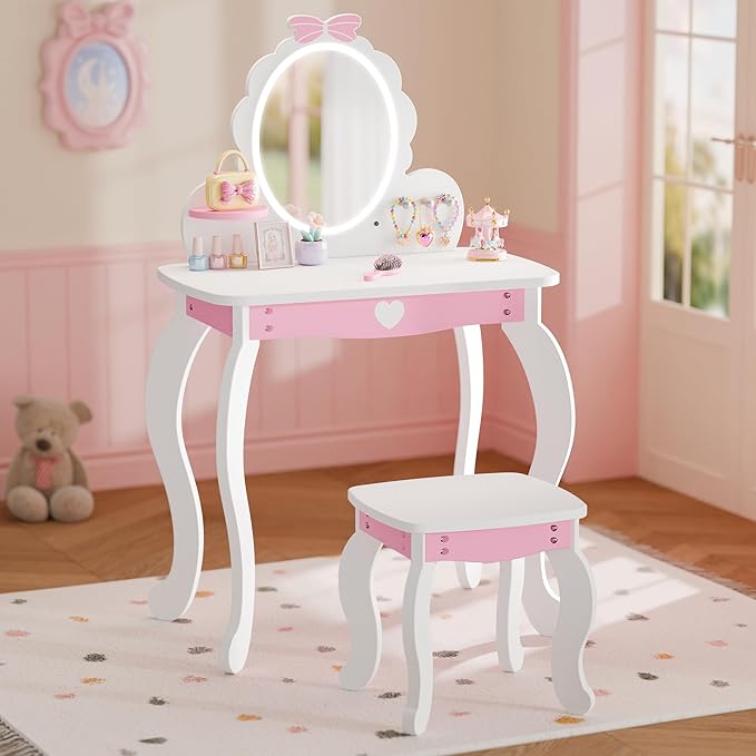 MU Kids Vanity Set with Lighted Mirror and Stool, Kids Makeup Vanity Desk with Storage Space, Bow Pattern for Little Girls, Toddler Princess Makeup Dressing Table with Chair Set, White