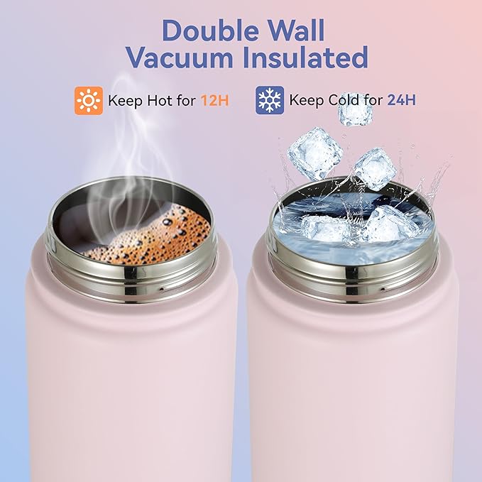 HASLE OUTFITTERS Insulated Water Bottle 16 oz Double Wall Vacuum Stainless Steel Water Bottle Leak Proof for School Wide Mouth with Straw Lid & Spout Lid Keeps Cold and Hot(Pink,4pack)