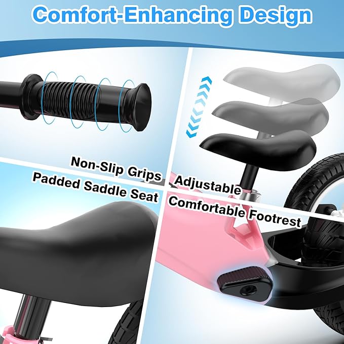 Ridego 12 Inch Balance Bike for Kids 2-4 Year Old,Lightweight Kids Bike with Adjustable Seat, Push Bicycle with Air Rubber Tires，Ride-on Toys Birthday Gift