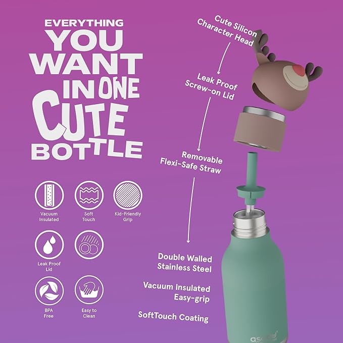 asobu Bestie Bottle Insulated Stainless Steel Water Bottle with Detachable Soft Animal Head Fun Drinking For Kids and Teens with Flexible Reusable Straw 16 Ounce (Reindeer)