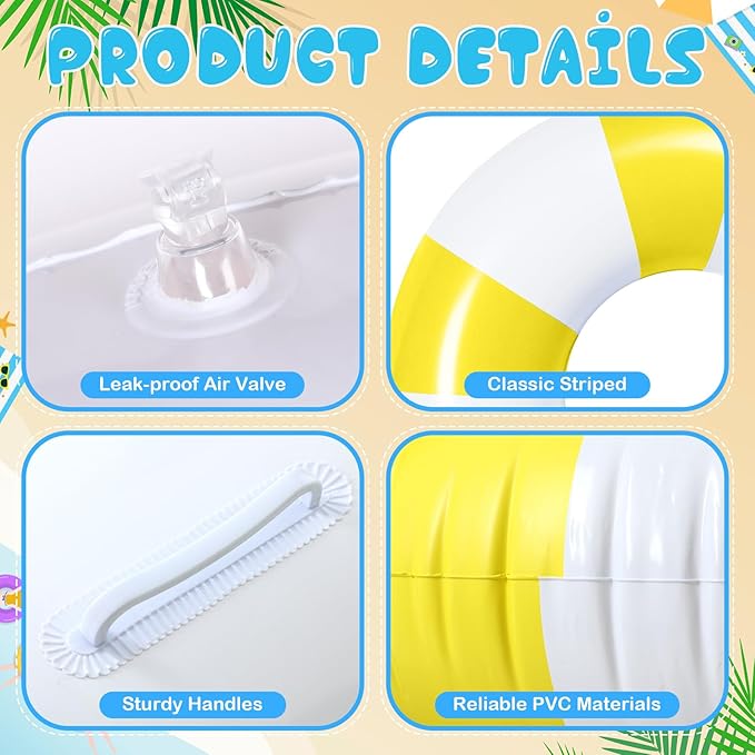 3 Pcs Large Swim Ring with Handles Set 47.24" 39.37" 35.43" Inflatable Pool Inner Tube Classic Striped Pool Ring Floats for Adults Teens Summer Lounger Beach Party Supplies