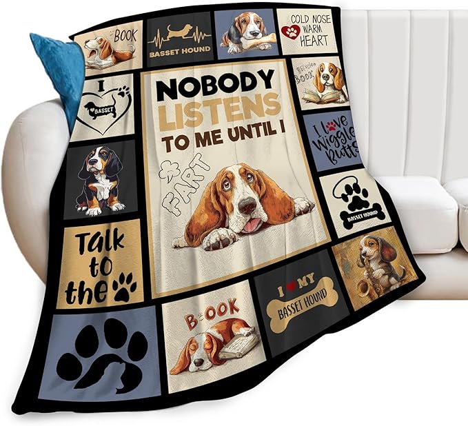 Basset Hound Blanket Fleece Soft Warm Plush Cute Dog Throw Blanket Lightweight Plush Fuzzy Cozy Dogs Animal Blankets Gift for Girls Boys Kids Adult Suitable for Couch Sofa Bed 80"X60"