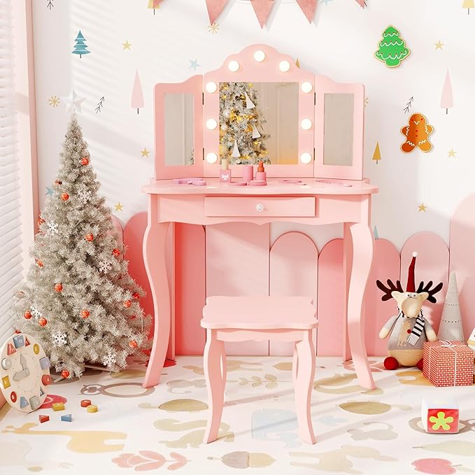 AKUSTIK Kids Vanity with Lights, 2 in 1 Wooden Dressing Table and Chair Set with Tri-Folding Mirror, Stool, Storage Drawer, Toddlers Pretend Princess Beauty Playset Toy Gift for Little Girls