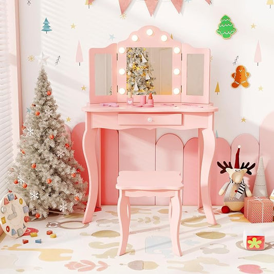 AKUSTIK Kids Vanity with Lights, 2 in 1 Wooden Dressing Table and Chair Set with Tri-Folding Mirror, Stool, Storage Drawer, Toddlers Pretend Princess Beauty Playset Toy Gift for Little Girls