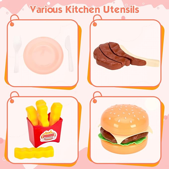 200Pcs Mini Play Kitchen Accessories for Kids, Pretend Cooking Playset with Cookware, Tableware & 2 Fruit Sets, Learning Gift for Girls, Boys, Toddlers, Pink