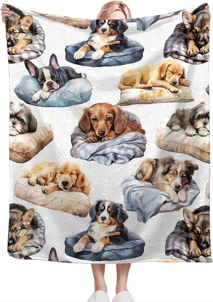 Dog Blanket Fleece Soft Warm Plush Cute Dogs Sleep Throw Blankets Lightweight Plush Fuzzy Cozy Blanket Gifts for Kids Adults Suitable for Couch Sofa Bed 80"X60"