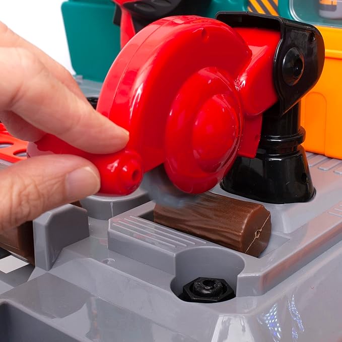 Amazon Basics Kids Workbench Construction Toy Tool Set Playset with 80 Pieces Including Tools, Accessories, Play Helmet & Play Safety Goggles, for Kids Ages 3 and Up, Multicolor, Medium