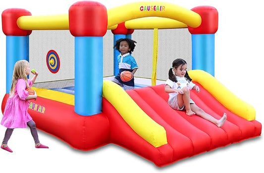 Inflatable Bounce House with GFCI Blower,12 ft L x 9 ft W,Basketball Hoop,Dart Ball Game,Durable PVC Coated Bounce Area,Jumping Bouncy Castle with Slide