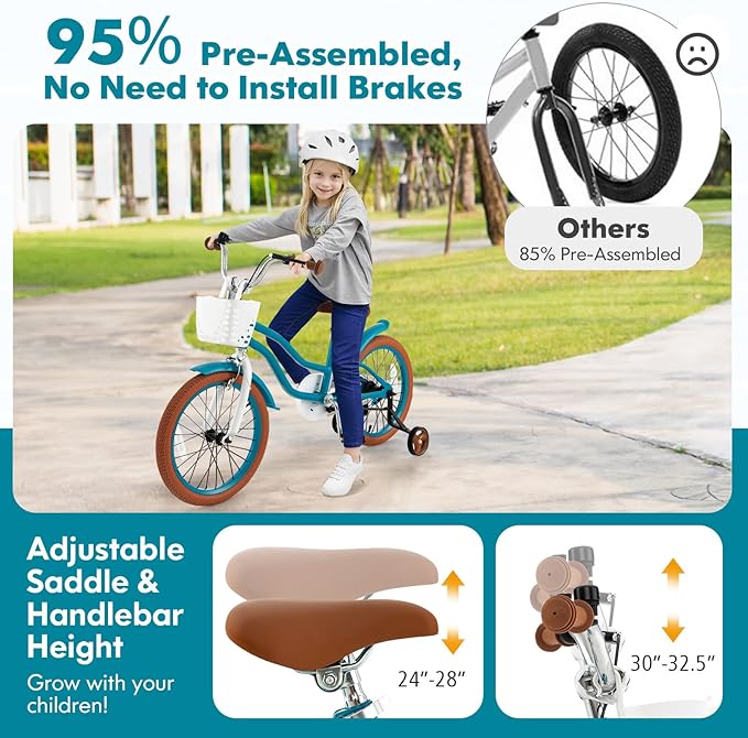 COSTWAY Kids Bike, 12 14 16 18 Inch Toddler Bike Children Bicycle w/Training Wheels, Hand & Coaster Brakes, Adjustable Saddle & Handlebar, Basket, Bell, Kids Bicycle for Girls Boys Aged 3-8 Years Old