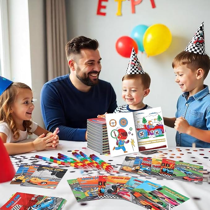 BenLouis 12 Race Car Mini Coloring Books Kids with 12 Stacking Crayons Racing Theme Party Favors Small Activity Books Bulk for Kids Fast Racecar Wheel Birthday Party Gift Goodie Bag Stuffers