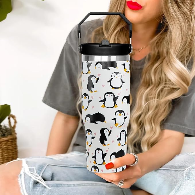30oz Penguin Flip Tumbler Coffee Travel Mug Cup Water Botter, with Handle lid and Straw,Fall Gifts for Women,Penguin Stuff Decor Accessories