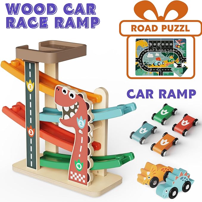 Montessori Toys for 1 Year Old, Car Ramp Track Toy for Toddlers 1-3, Wooden Toy Race Track with 4 Mini Cars, 2 Dinosaur Cars, 4 Ramps, Gift for Boys Girls Christmas Birthday