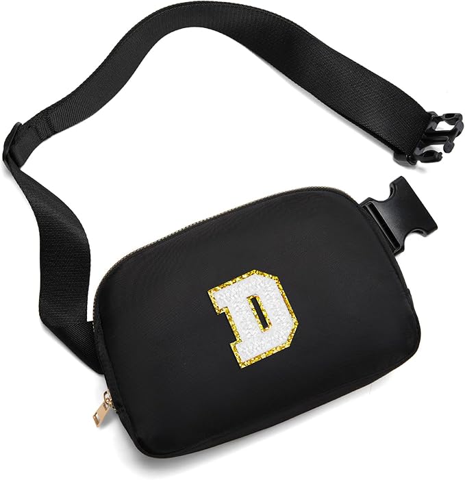 Gitus Birthday Gifts for 8 9 10 11 12 13 Year Old Girls Personalized Fanny Pack Crossbody Bags with Initial Letter Patch Belt Bag for Teen Girls Cute Trendy Stuff Travel Essentials (Black-D)