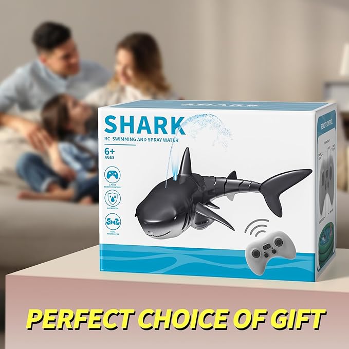2.4GHz Remote Control Shark Toy for Pool, 1:18 Scale High Simulation RC Shark with Light & Spray Water, Electric Remote Controlled Swimming Water Pool Toys for 4 5 6 7 Year olds Kid Boys Girls