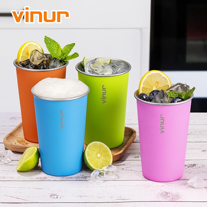 VINUR 4 Pack Stainless Steel Cups 16 oz Pint Tumbler Stackable Metal Drinking Glasses for Travel, Camping, Outdoors (Sky Blue-Orange-Hot Red-Apple Green)