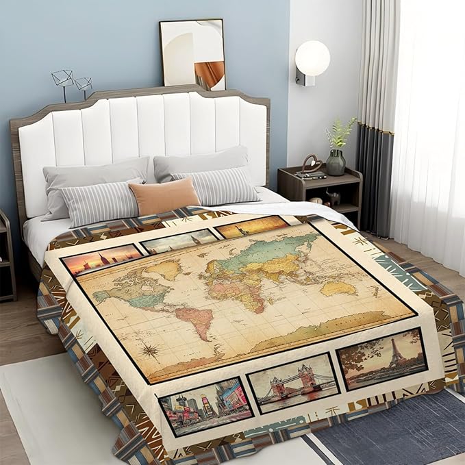 World Map Throw Blanket Ultra Soft Cityscape Flannel Blanket Lightweight Cozy Print Blankets Gift for Women and Men Couch Sofa Bed 80" x 60"