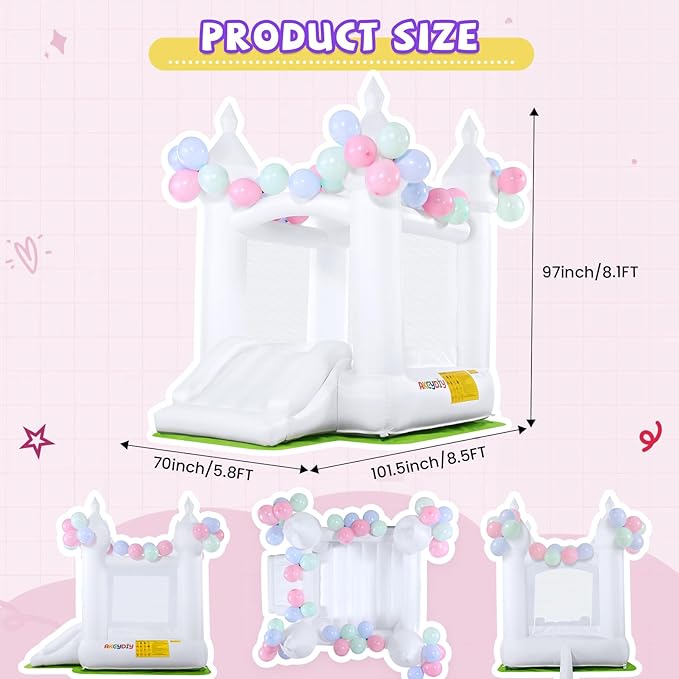 Inflatable White Bounce House for Kids Indoor Outdoor Bouncy Castle for Kid 3-10 Toddler Bounce House with Ground Cover Mat& Blower, Wedding Party Kids Birthday Party (Small Bounce House White)