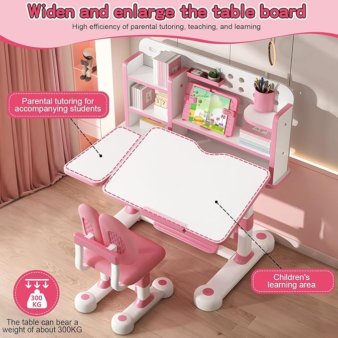 Upgraded Kid's Desk and Chair Set, Adjustable Children's Study Table with Bookshelf and Storage Drawer, 50-Degree Tiltable Desktop with Chair for Bedroom Pink