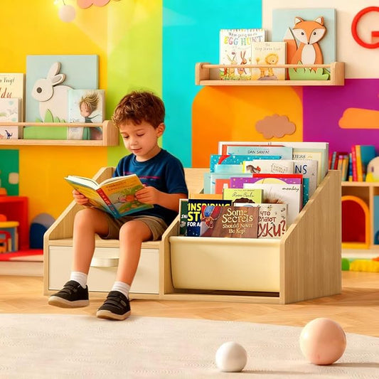 FKWin Kids Bookshelf with Seat - Forward-Facing Book Shelf for Kids Rooms,Nursery Bookcase with 5-Tier Montessori Shelf,Wooden