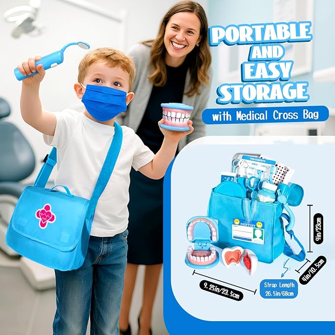 Dentist Playset for Boys with Oversized Pretend Teeth /Removable Teeth /Braces /Retainer - Kids Doctors Play Set - Teeth Model for Teaching - Role Play Toys for Kids 4-6 (Blue)