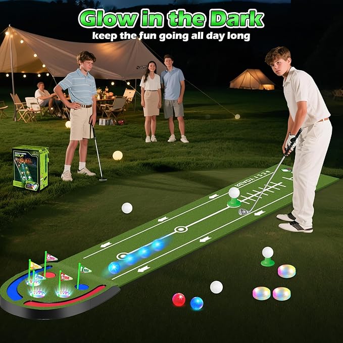 Golf Putting Mat for Kids, Toy Golf Set with Light up Holes, Glowing Balls, Practice Putting Green with 2 Clubs, Golfing Mats Indoor Outdoor, Sport Game Gifts for Kids Teens Family