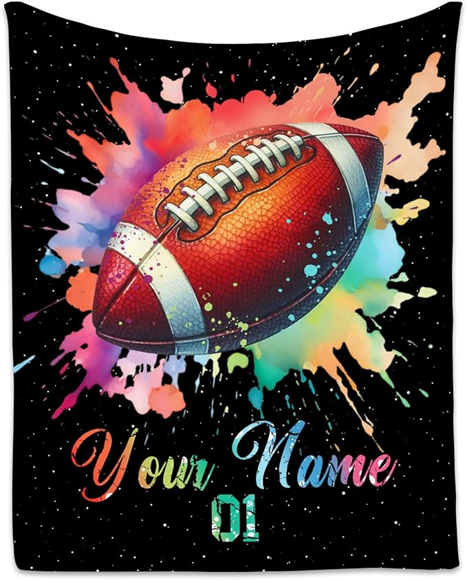 Personalized Football Blanket, Custom Football Gifts for Boys Men Adults, Flannel Throw Blankets for Team Player, Sport Theme Throws Boys Room Decor for Bed Living Room (Colorful, 60x80 Inch)