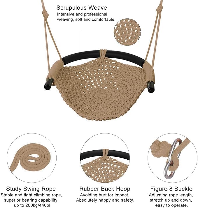 JKsmart Toddler Swing, Swing Seat for Kids Heavy Duty Rope Play Secure Children Swings Set, Perfect for Indoor,Outdoor,Playground,Home,Tree,with Snap Hooks & Straps,440 lbs Capacity, Light Brown