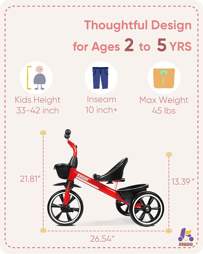 KRIDDO Kids Tricycles Age 24 Month to 4 Years, Trike for 2.5 to 5 Year Old, Gift Tricycles for 2-4 Year Olds, Trikes for Toddlers, Red