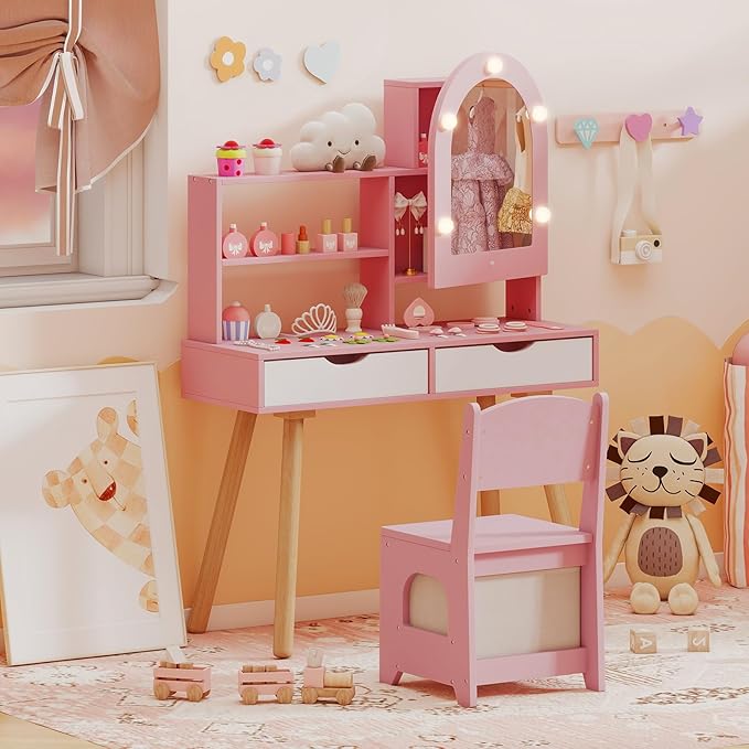 Costzon Kids Vanity with Lights, Girls Vanity Set with Mirror Cabinet, Storage Drawers, Hooks & Shelves, Toddler Makeup Vanity Desk Dressing Table, Wooden Kids Vanity Table and Chair Set (Pink)
