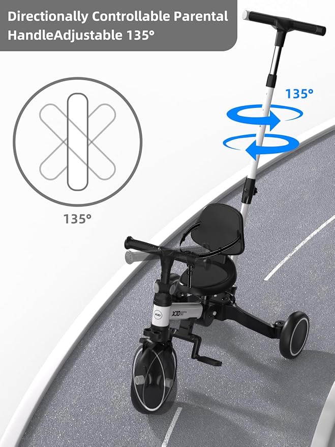 XJD Toddler Bike, 6 in 1 Folding Toddler Tricycle for 1-4 Year Old with Parental Control Handle, Balance Bike with Removable Pedal, Backrest, Adjustable Seat and Handle, First Birthday Gifts (White)