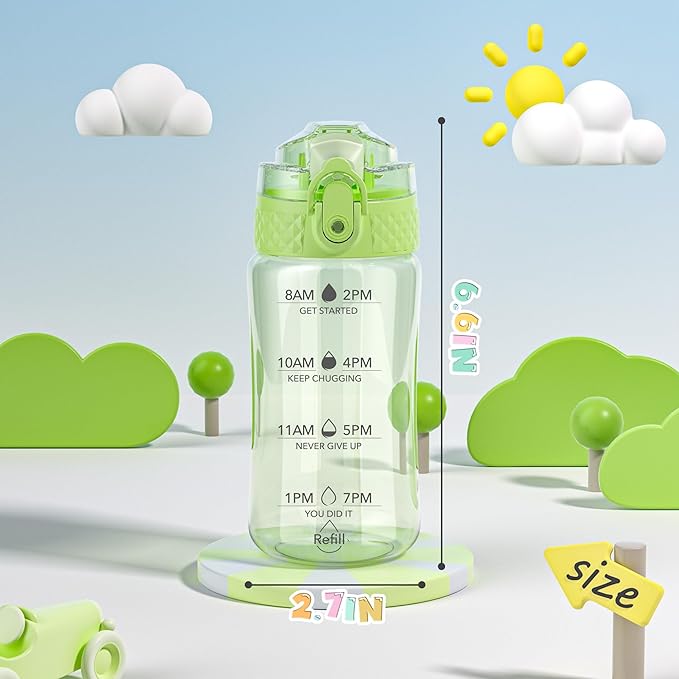 OLDLEY 12oz Kids Water Bottle for school Girls Boys, Motivational Water Bottles With Silicone Straw, Leak-Proof Tritan BPA-Free, Reusable water bottles for kids, Parrott Green