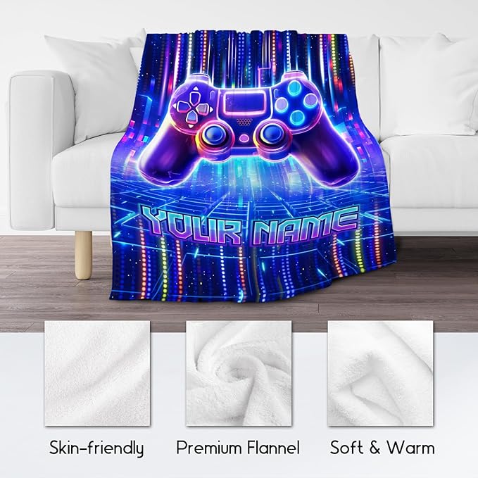 Mercuryelf Blanket for Boys Personalized Gaming Blankets Gifts - 4 Sizes Cozy Flannel Throw for Kids