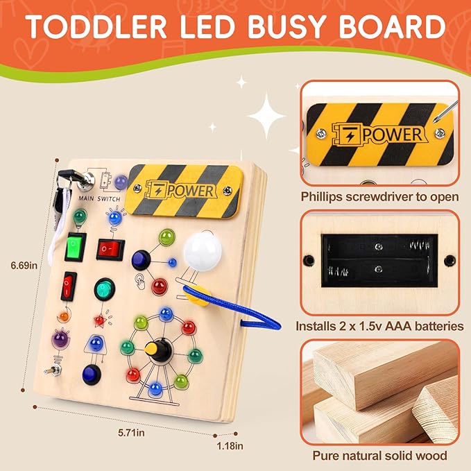 Montessori Busy Board for Toddlers, 19-LED Wooden Sensory Activity Board, Educational Toys for 3-6 Year Olds, Travel Toy for Early Science Exploration