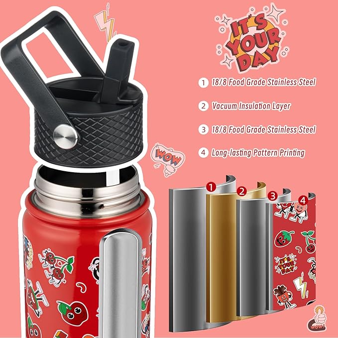 BJPKPK Insulated Water Bottle with Straw Lid, 22 oz Stainless Steel Metal Water Bottles, Reusable Leak Proof BPA Free Water Bottles, Cups, Thermo, Passionate-Red