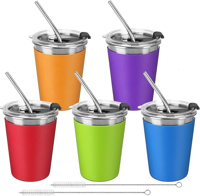 ShineMe Stainless Steel Kids Cups, 5pack with Spill Proof Lids, Straws & Silicone Sleeves, 12oz, BPA Free, Insulated, for Cold & Hot Drinks
