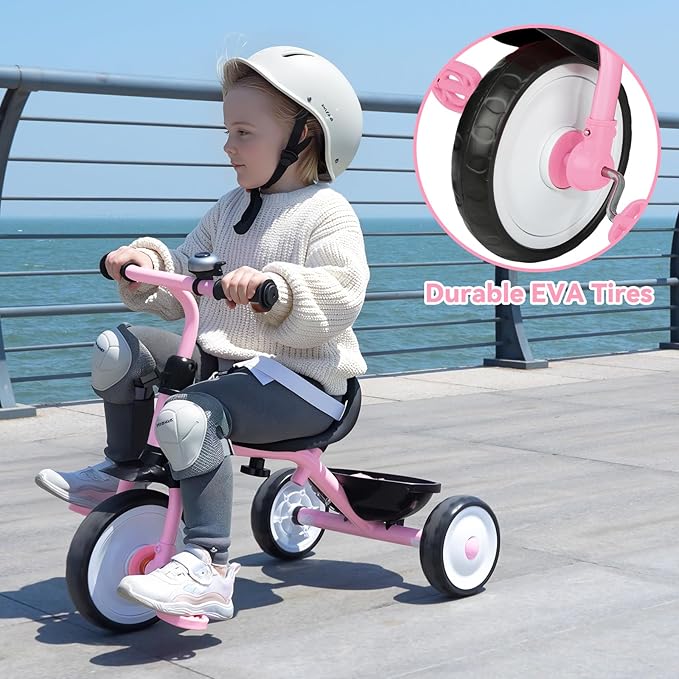 Liberry 2 in 1 Toddler Tricycle Age 2 3 4 Years Old, Kids Trike with Adjustable Push Handle, Bell & Basket, 3 Wheel Bike Riding Toy Birthday for Girls Boys, Light Pink