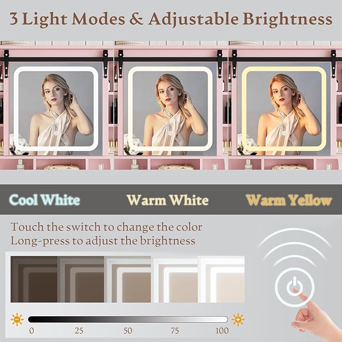 Makeup Vanity Desk with Sliding Mirror and Lights, Farmhouse Vanity Table Set with Power Outlet & RGB Cabinet, Dressing Table with Storage Drawers & Shelves for Kids Girls Women Bedroom, Pink