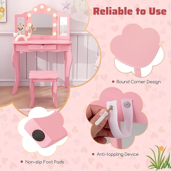 AKUSTIK Kids Vanity with Lights, 2 in 1 Wooden Dressing Table and Chair Set with Tri-Folding Mirror, Stool, Storage Drawer, Toddlers Pretend Princess Beauty Playset Toy Gift for Little Girls