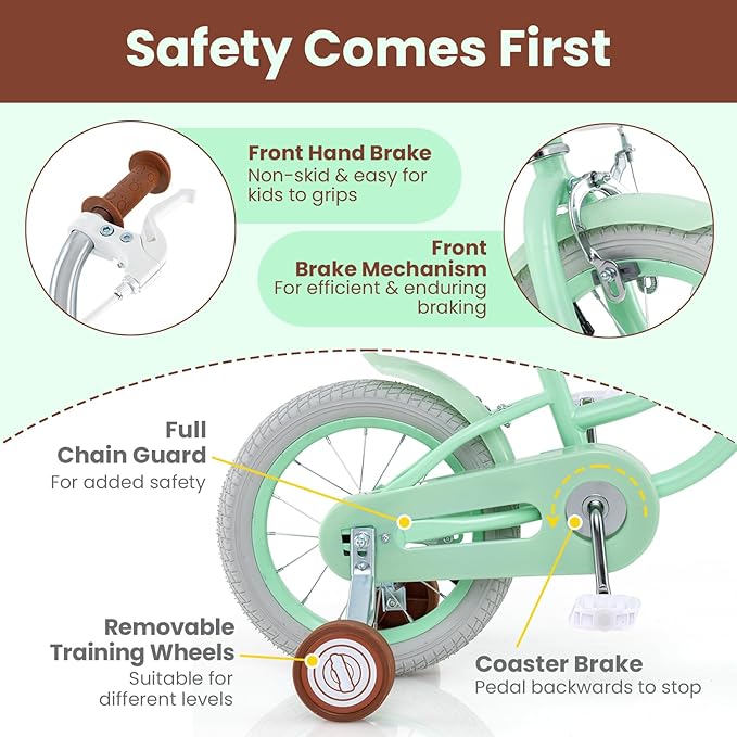 COSTWAY Kids Bike, 12 14 16 18 Inch Toddler Bike Children Bicycle w/Training Wheels, Hand & Coaster Brakes, Adjustable Saddle & Handlebar, Basket, Bell, Kids Bicycle for Girls Boys Aged 3-8 Years Old