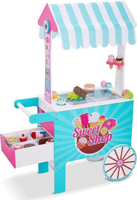 Lil’ Jumbl Wooden Sweet Treats Playset, Kids Play Pretend Dessert Stand Push Cart w/ 20+ Ice Cream Cone, Popsicle & Cupcake Accessories, Food Displays, Awning, Freezer, Storage Drawers, Clock & Menus