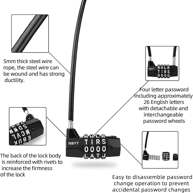 4-Word Resettable Combination Lock, Letter Lock- Home Security Padlock with 5mm Anti-Theft Cable for Garden Gates, Pool, Refrigerator,Gates, Storage ，Cabinet(7''(Locking Span 3.5''))