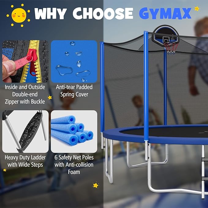 GYMAX Trampoline for Kids, ASTM Approved 12FT 14FT 15FT 16FT Recreational Toddler Trampoline with Enclosure Net, Basketball Hoop, Basketball & Pump, Rebounder for Adults