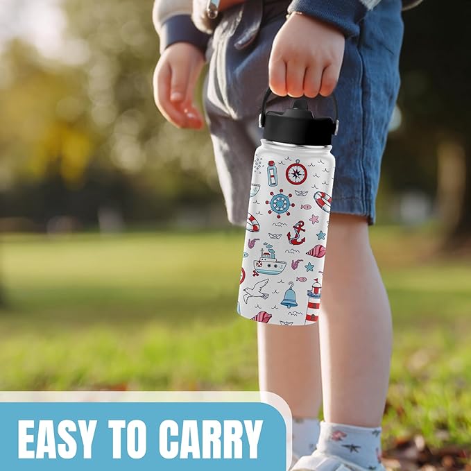 Nautical Gifts for Kids Boys, 16 oz Water Bottles with Straw Lid, Stainless Steel Insulated Ocean Water Bottle for Travel Outdoor, Navigation Lighthouse Cups Gifts for Birthday Christmas