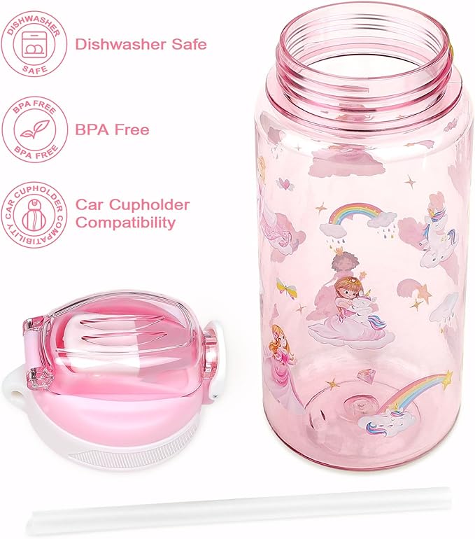 Kids Water Bottle for School or Travel, 20 Oz Durable Plastic Water Bottle with Silicone Straw and Pop-Up Spout Cover, BPA Free & Dishwasher Safe(Princess)