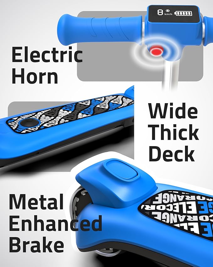 Elecorange T200/T500 Balance Electric Scooter for Kids Age 4-9, 2 Types Front Wheels, Electric Horn, Full Body Lights Up, Wide Deck, 5Mph Safe Speed, 70min Riding, Foldable Kick Scooter Boys & Girl