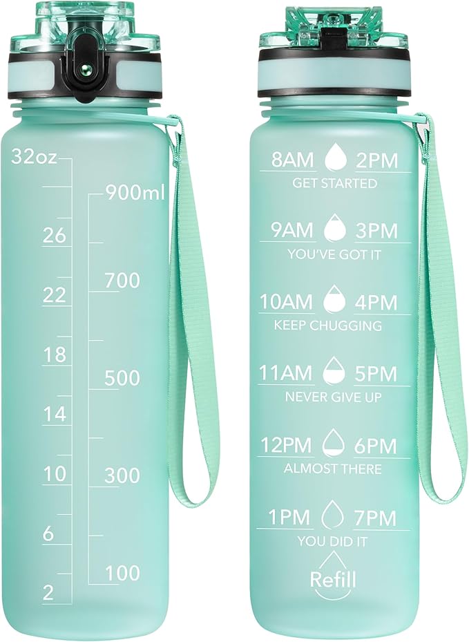 OLDLEY Water Bottle, 32oz Motivational Sports Water Bottle with Time Marker - Times to Drink - Tritan, BPA Free, Wide Mouth Leakproof, Mint Matte (1 Bottle)
