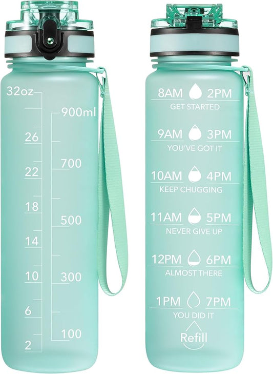 OLDLEY Water Bottle, 32oz Motivational Sports Water Bottle with Time Marker - Times to Drink - Tritan, BPA Free, Wide Mouth Leakproof, Mint Matte (1 Bottle)